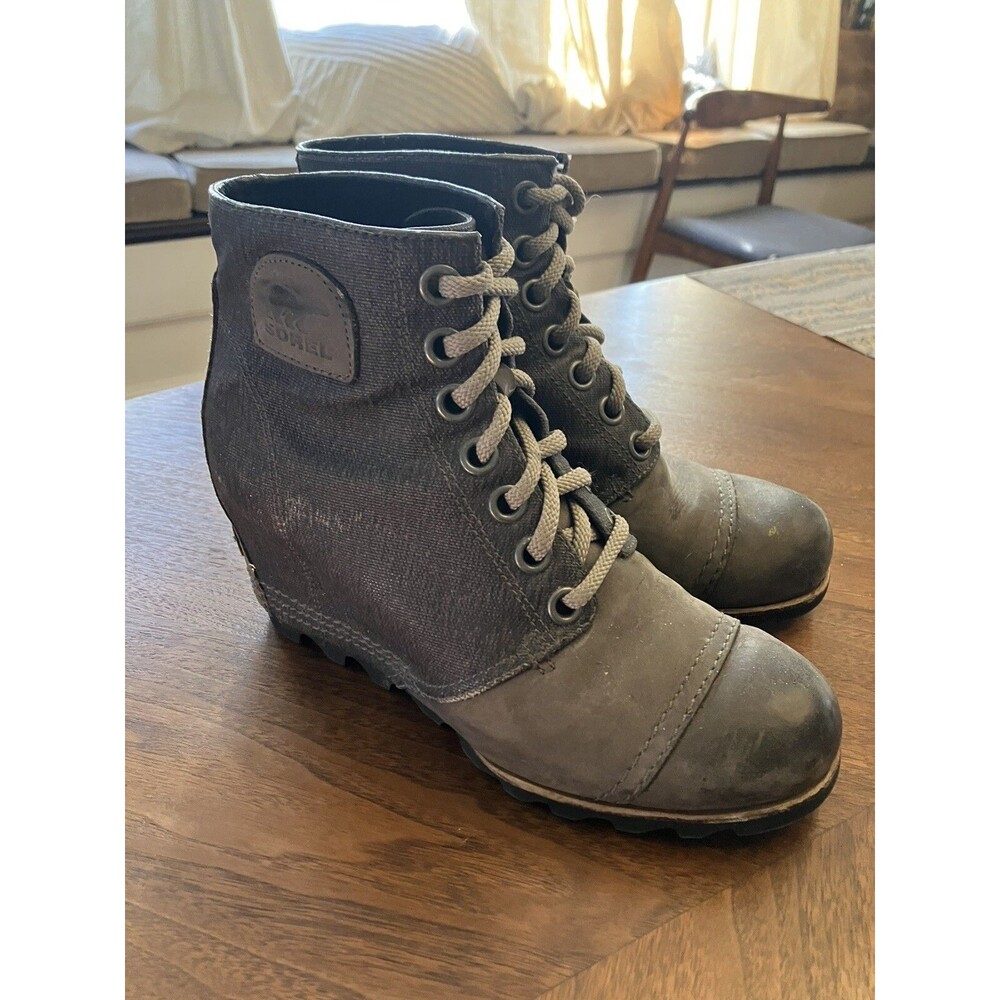 Sorel Wedge PDX Lea Lace Up Ankle Boots Canvas Leather Gray Sz 8.5 Booties